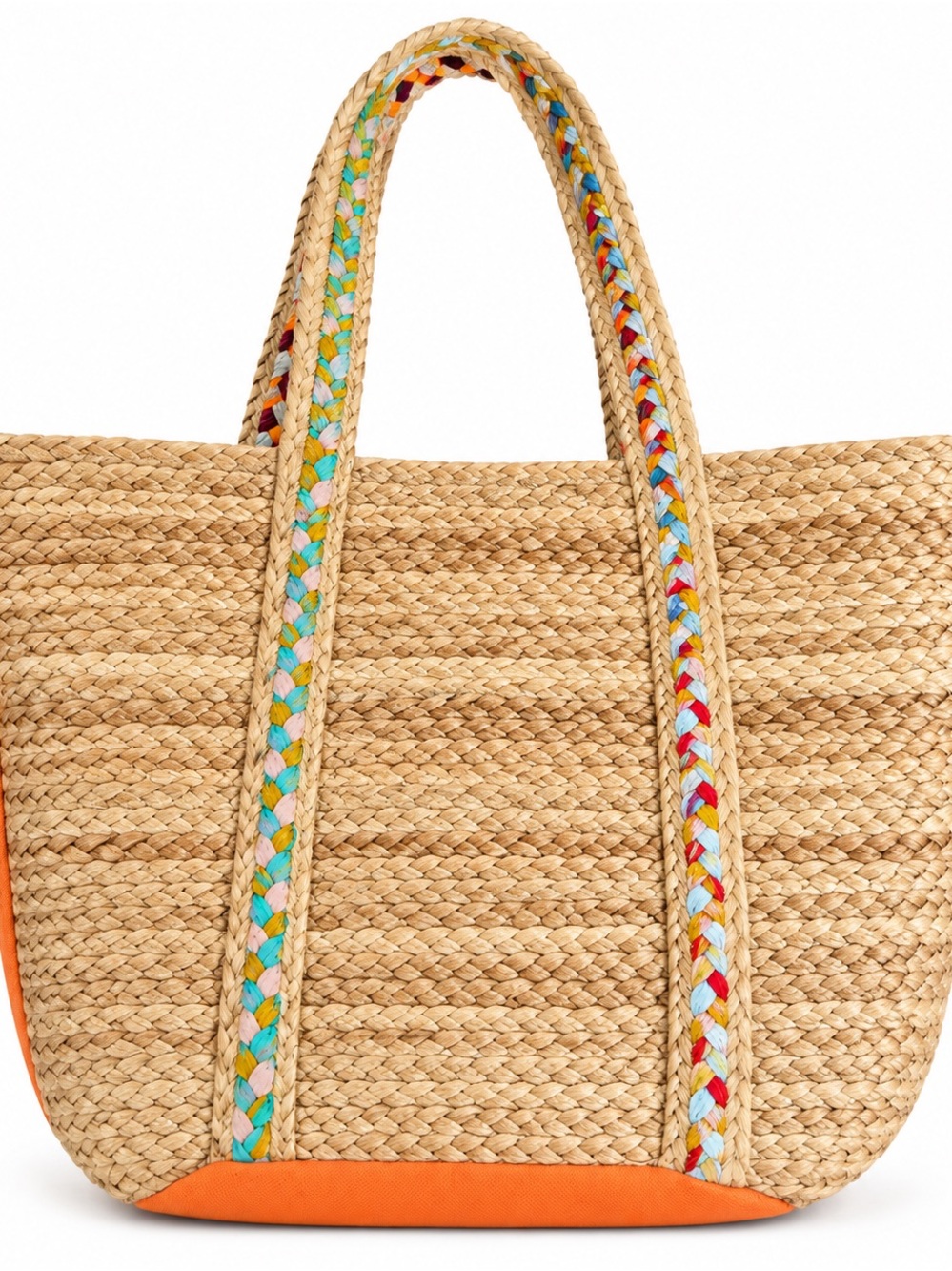 Woven Straw Tote with Orange Trim and Multicolor Braided Handles